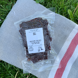 Where Huron county and Middlesex County meet, Wholesome Pastures offers a variety of beef cuts such as their delicious beef jerky, pictured here. They sell grass fed and grass finished and pastured meat. 